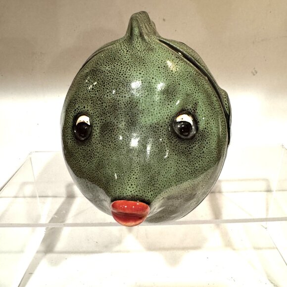 Finnish Ceramic Green Black Stripes Puffer Fish Sculpture By Marja Myllymaki - Picture 6 of 12